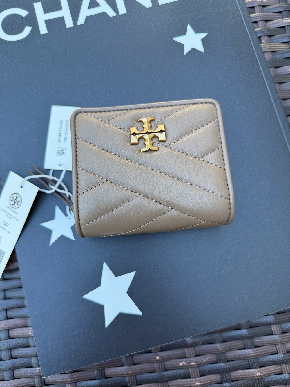 Tory Burch Quilted Chevron Small Wallet in Taupe with Gold Logo